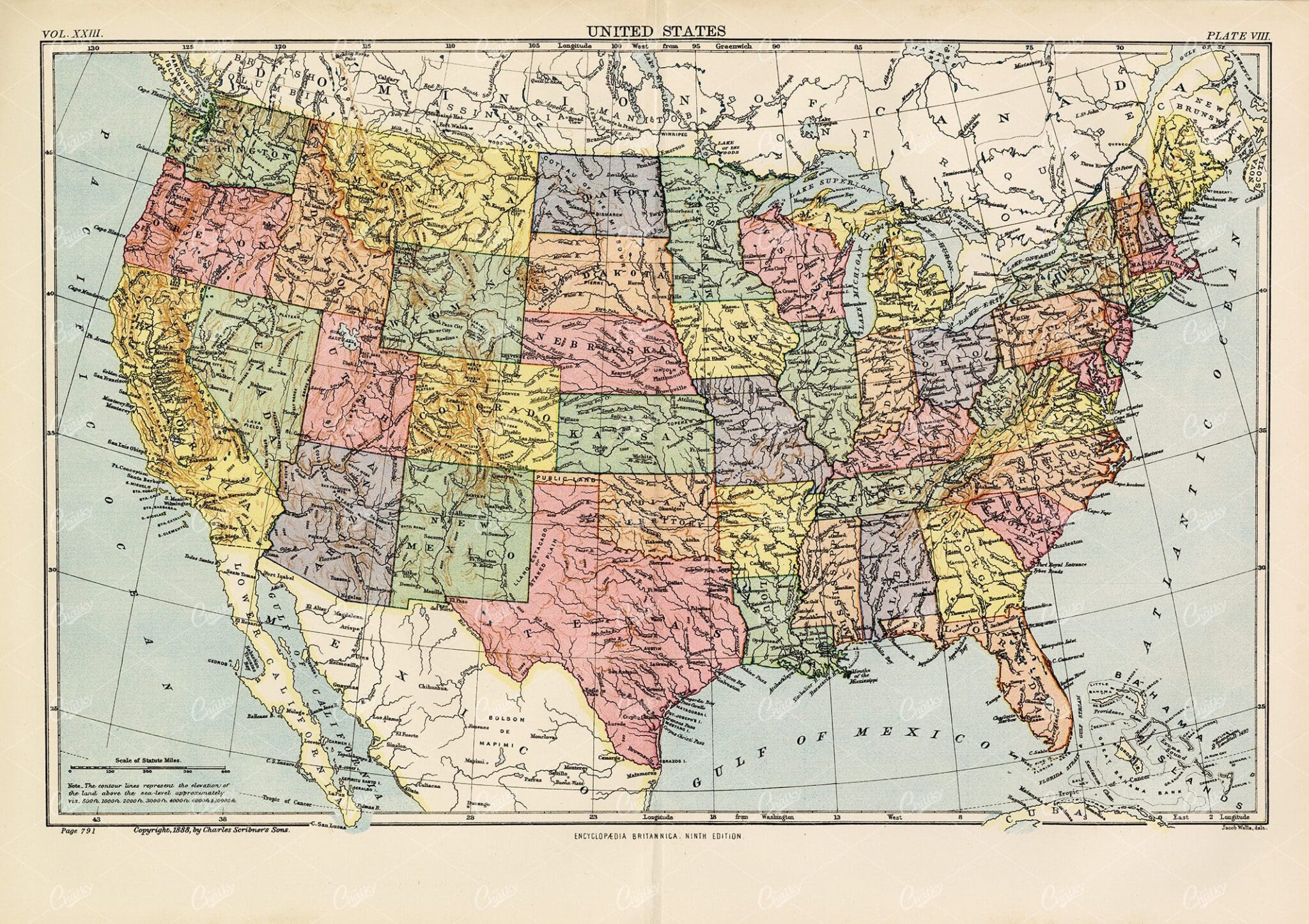 Antique Map of the United States - 1880 Vintage Print