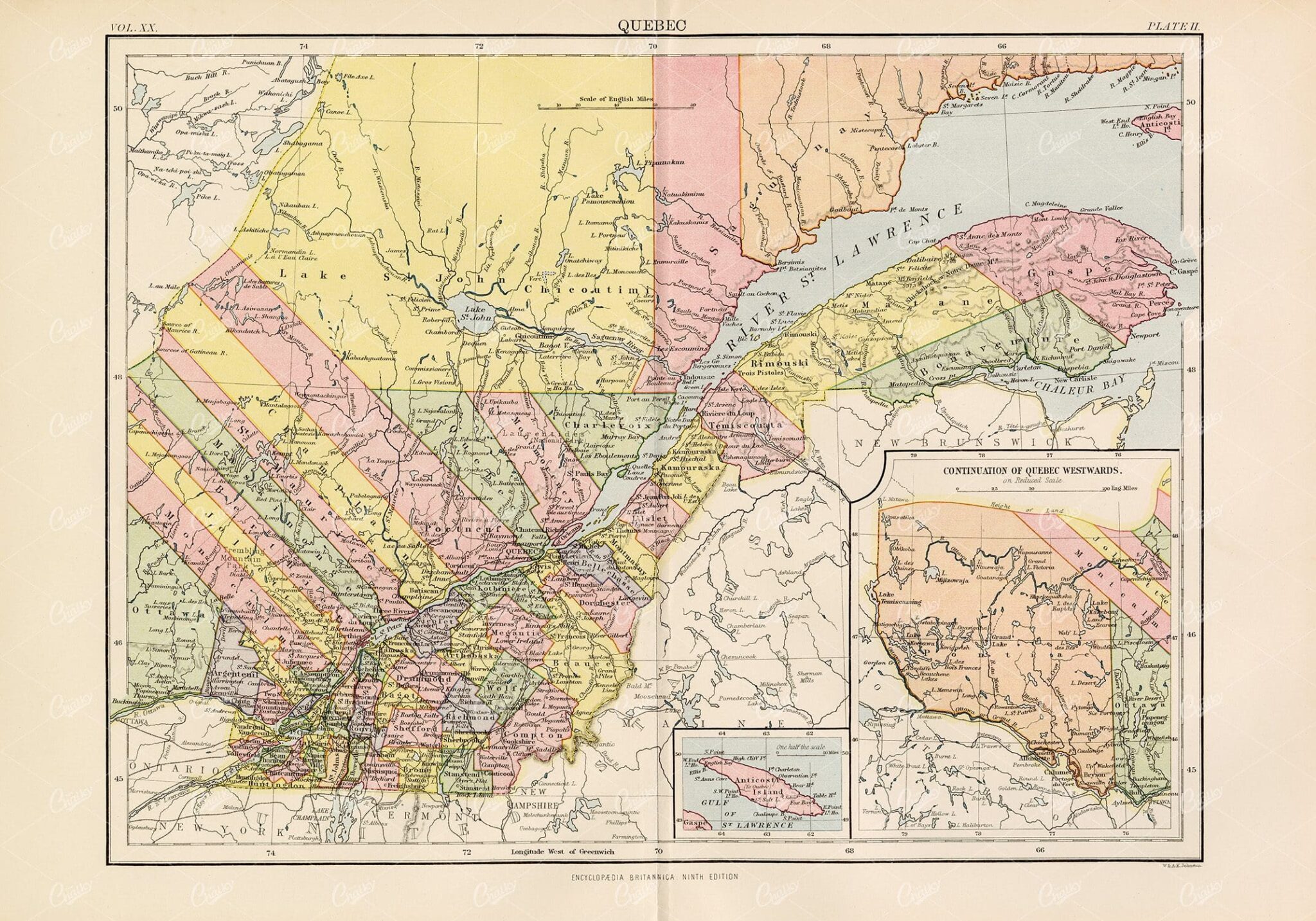 Antique Map of Quebec - 1880 Encyclopedia Britannica