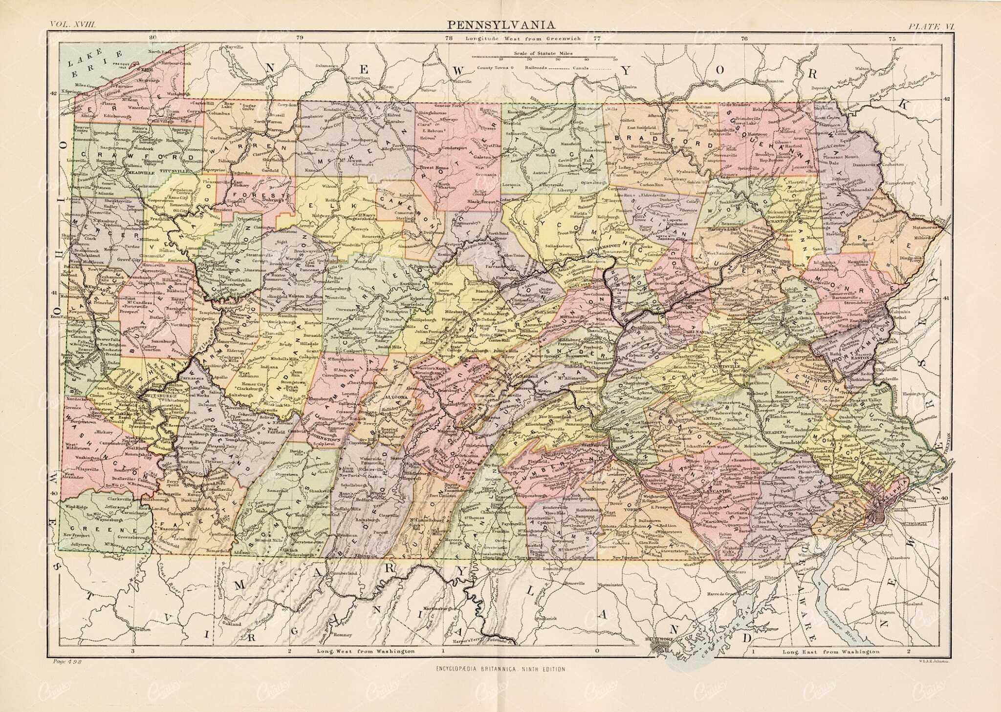 Antique Map Of Pennsylvania - 1880 Encyclopedia Britannica