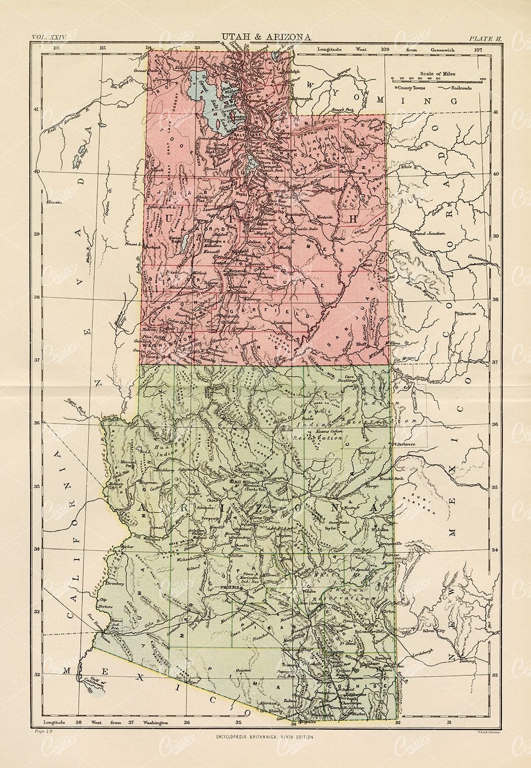 Antique Map of Utah & Arizona - 1880 Vintage Print