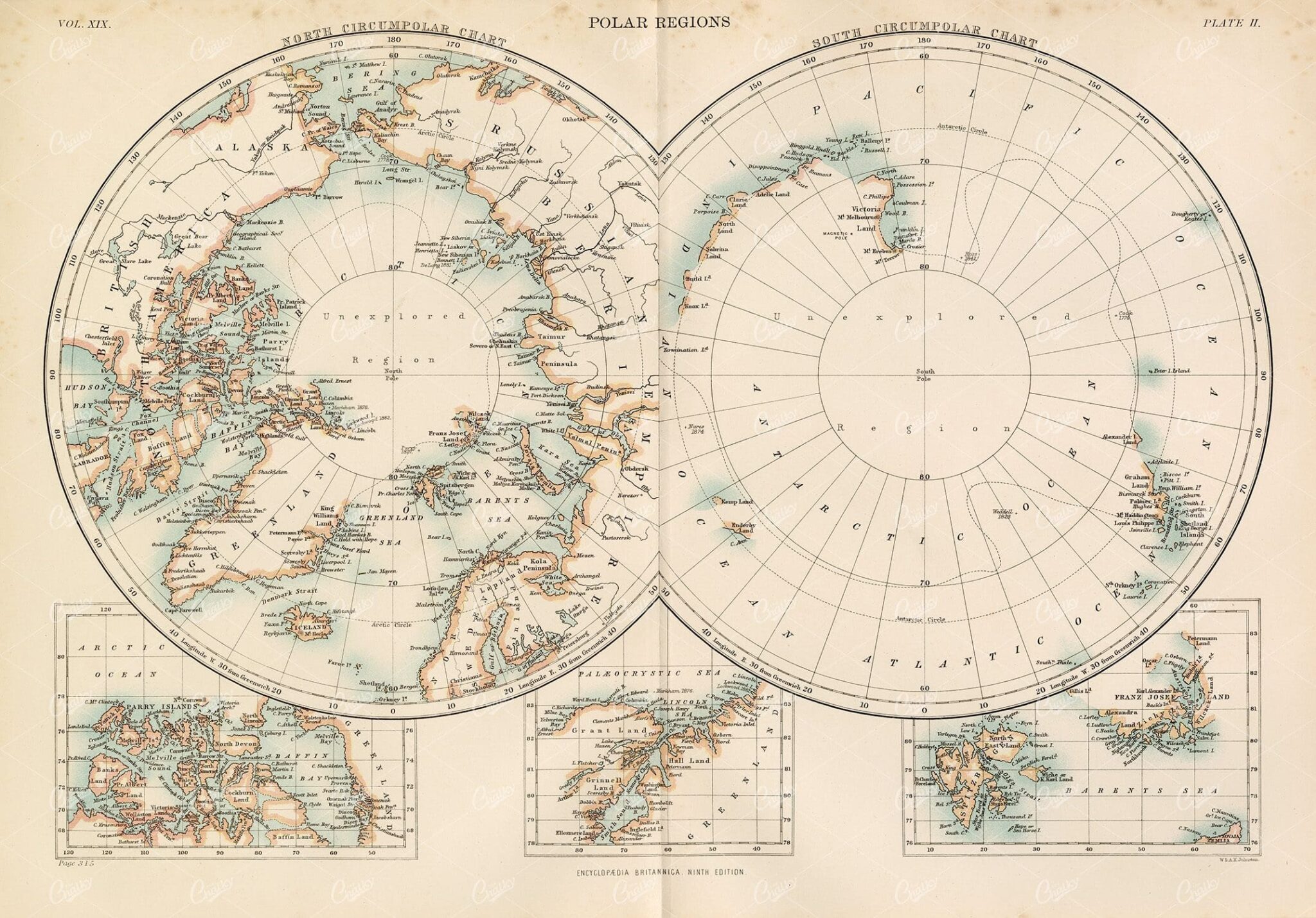 1880 Encyclopedia Britannica - Polar Regions Vintage Print