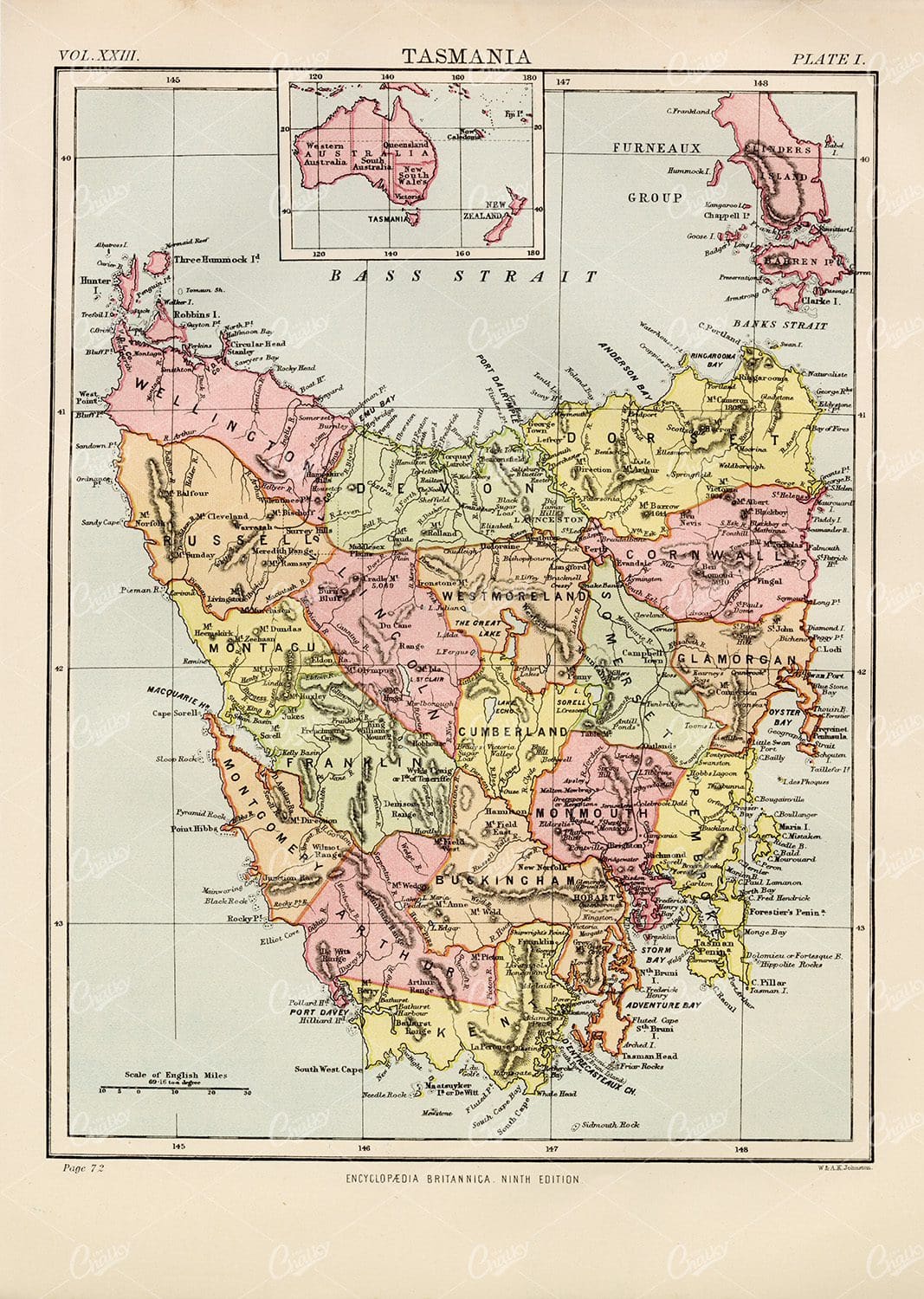 Vintage Map of Tasmania - Encyclopedia Britannica