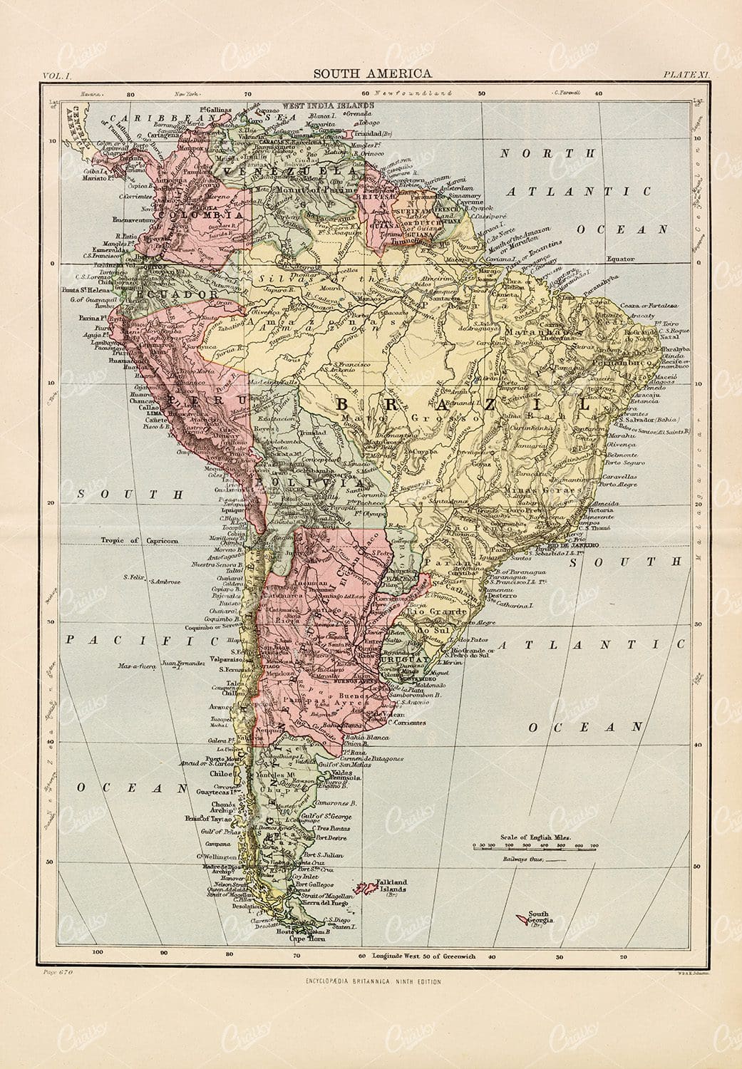 Antique Map of South America - 1880 Vintage Print