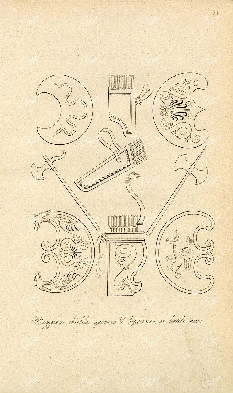 ANTIQUE Ancient Costume Print - Phrygian Shields, Quivers & Axes