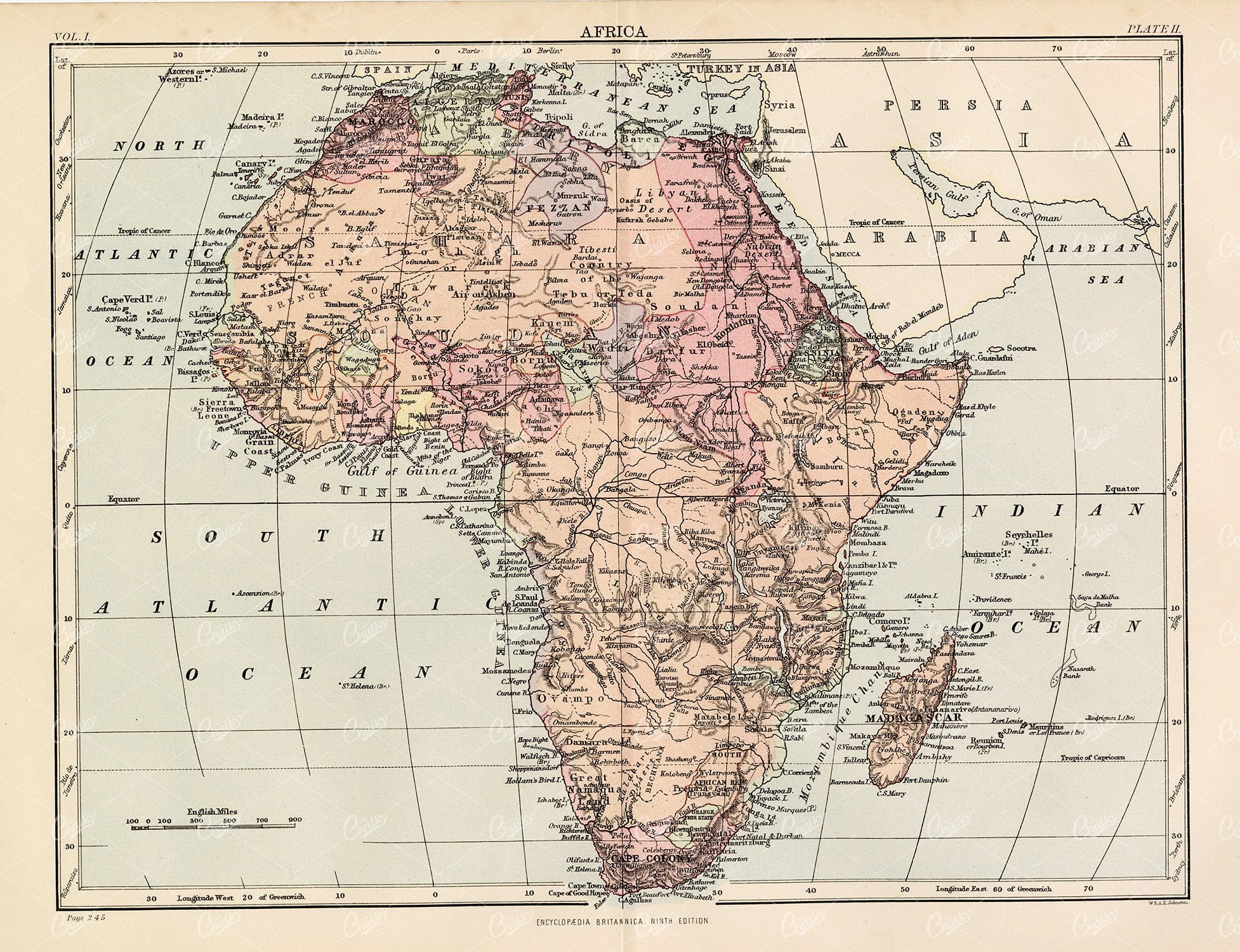 Vintage Map of Africa - Encyclopedia Britannica 1880