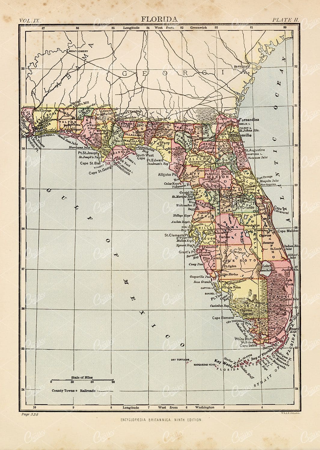 Vintage Map of Florida - 1880 Encyclopedia Britannica