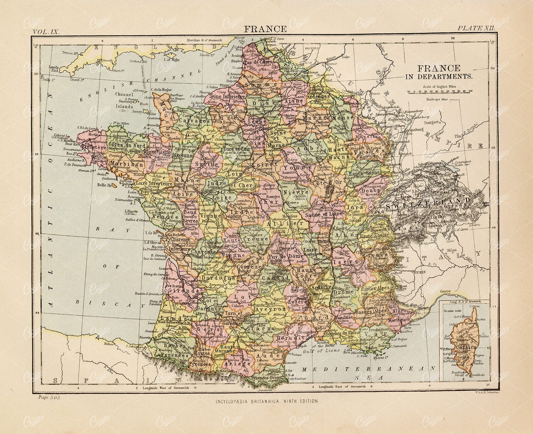Vintage Map of France - Encyclopedia Britannica 1880