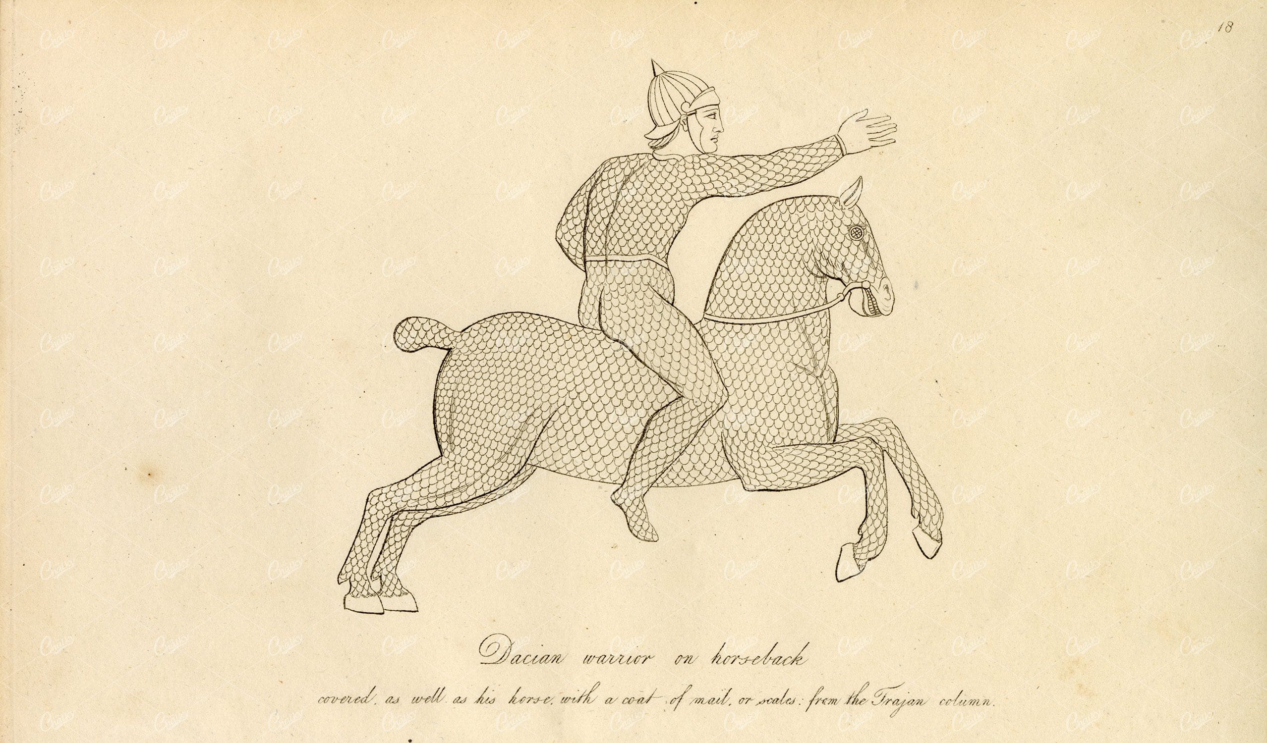 ANTIQUE Ancient Costume Print - Dacian Warrior on Horseback