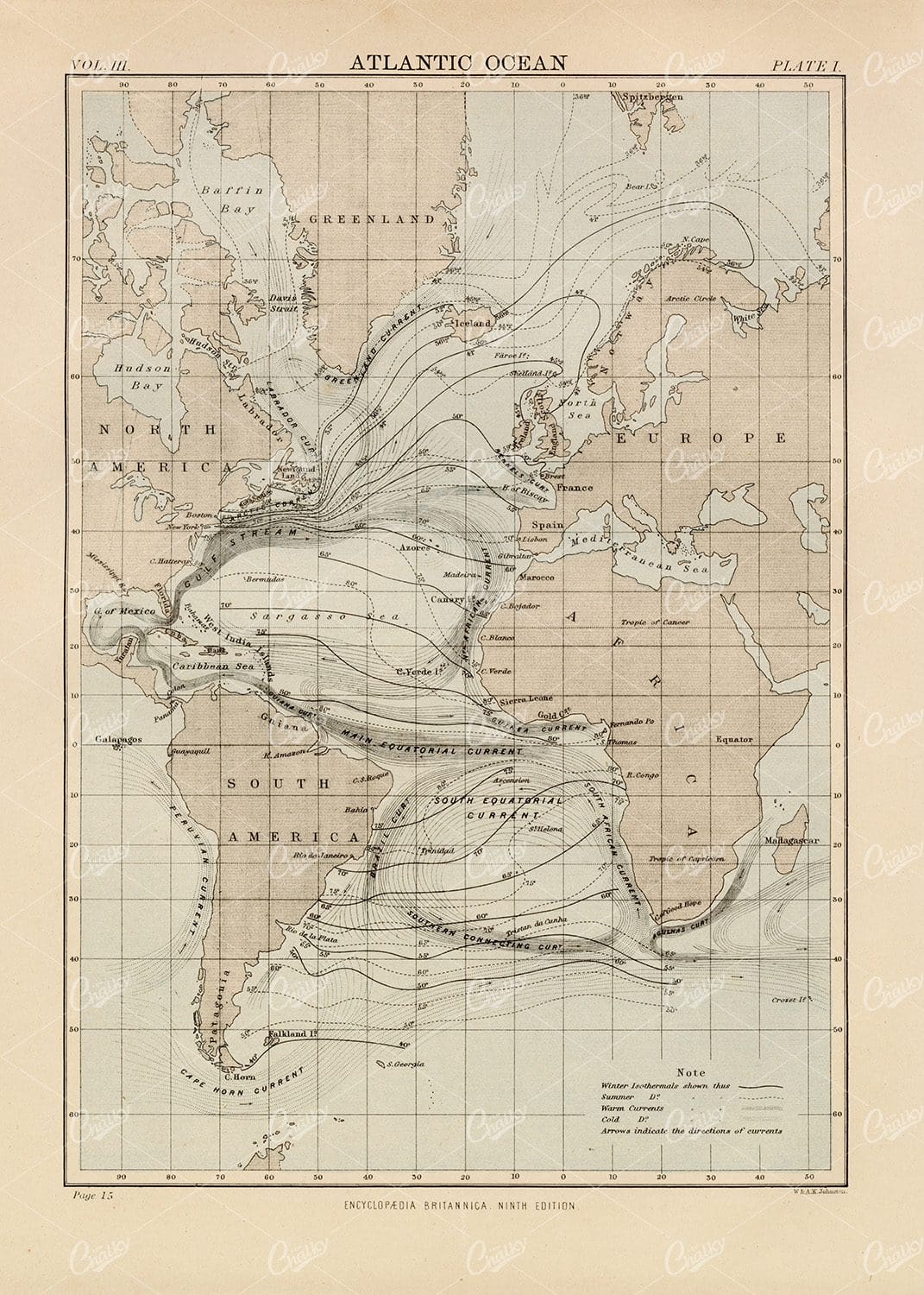 Antique Map of the Atlantic Ocean - Vintage Print 1880