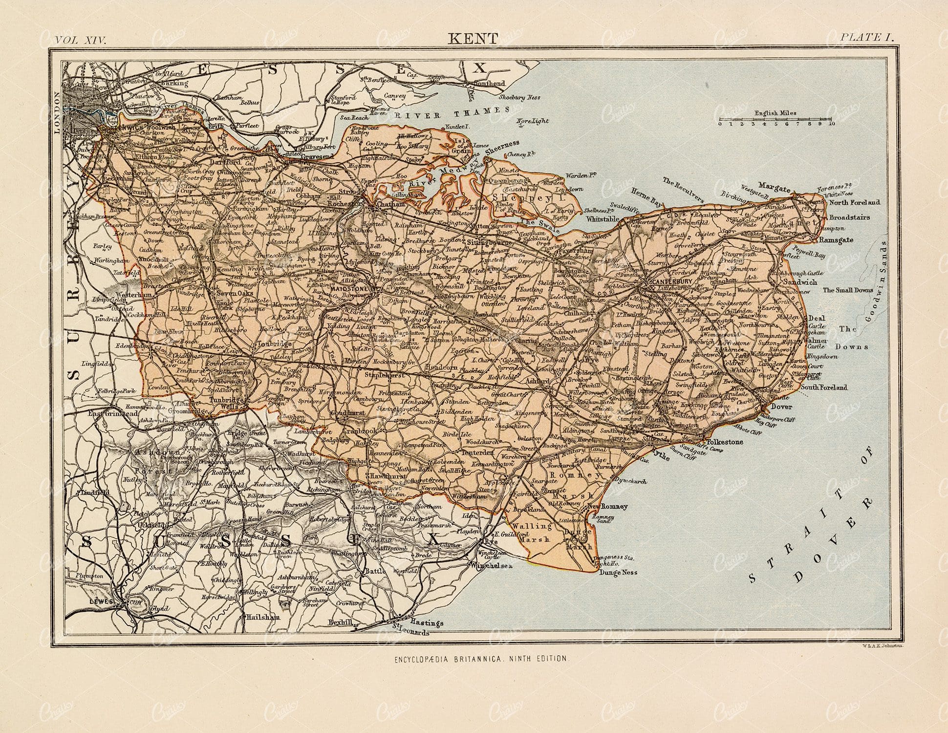Antique Map of Kent - Encyclopedia Britannica 1880