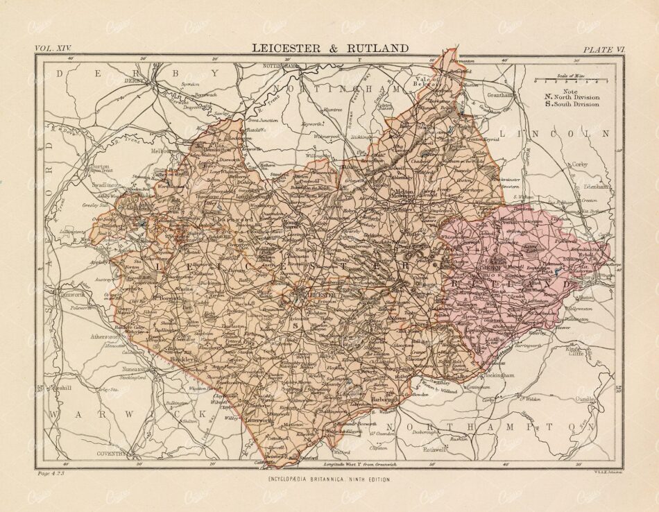 Vintage Map of Leicester & Rutland - 1880