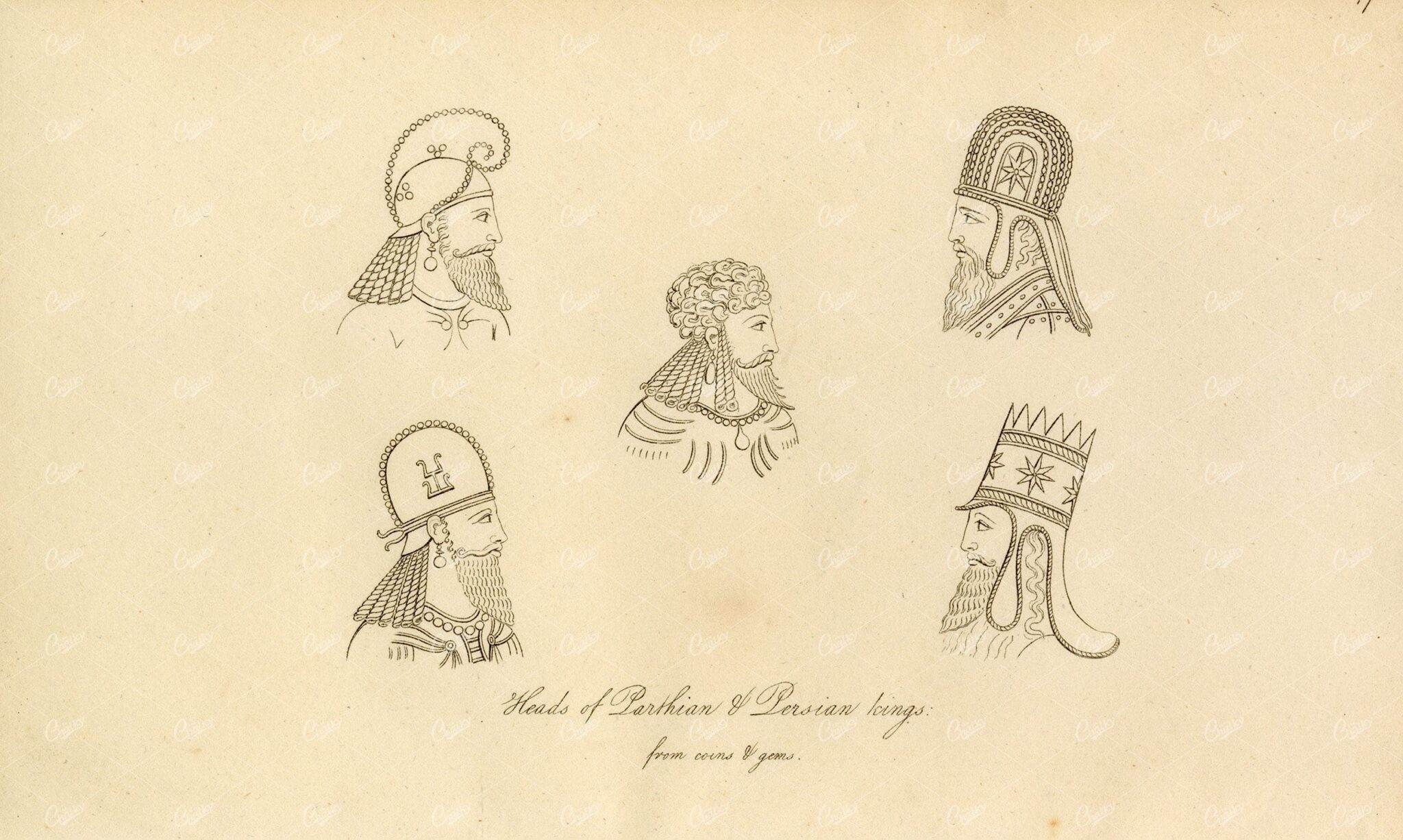 ANTIQUE Ancient Costume Print - Heads of Parthian and Persian Kings
