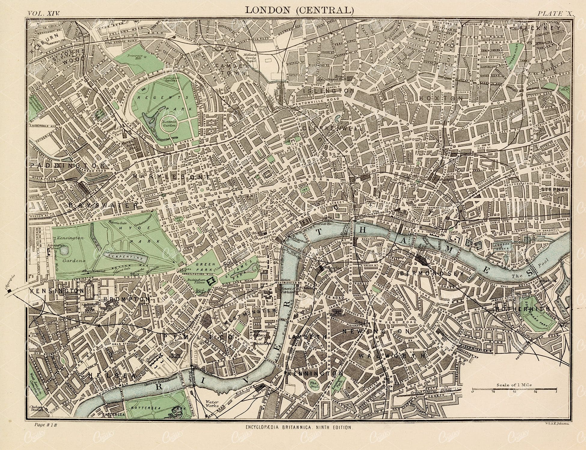 Vintage Map of Central London - Encyclopedia Britannica