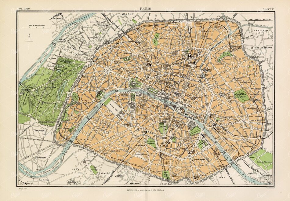 Encyclopedia Britannica 1880 - Vintage Map of Paris