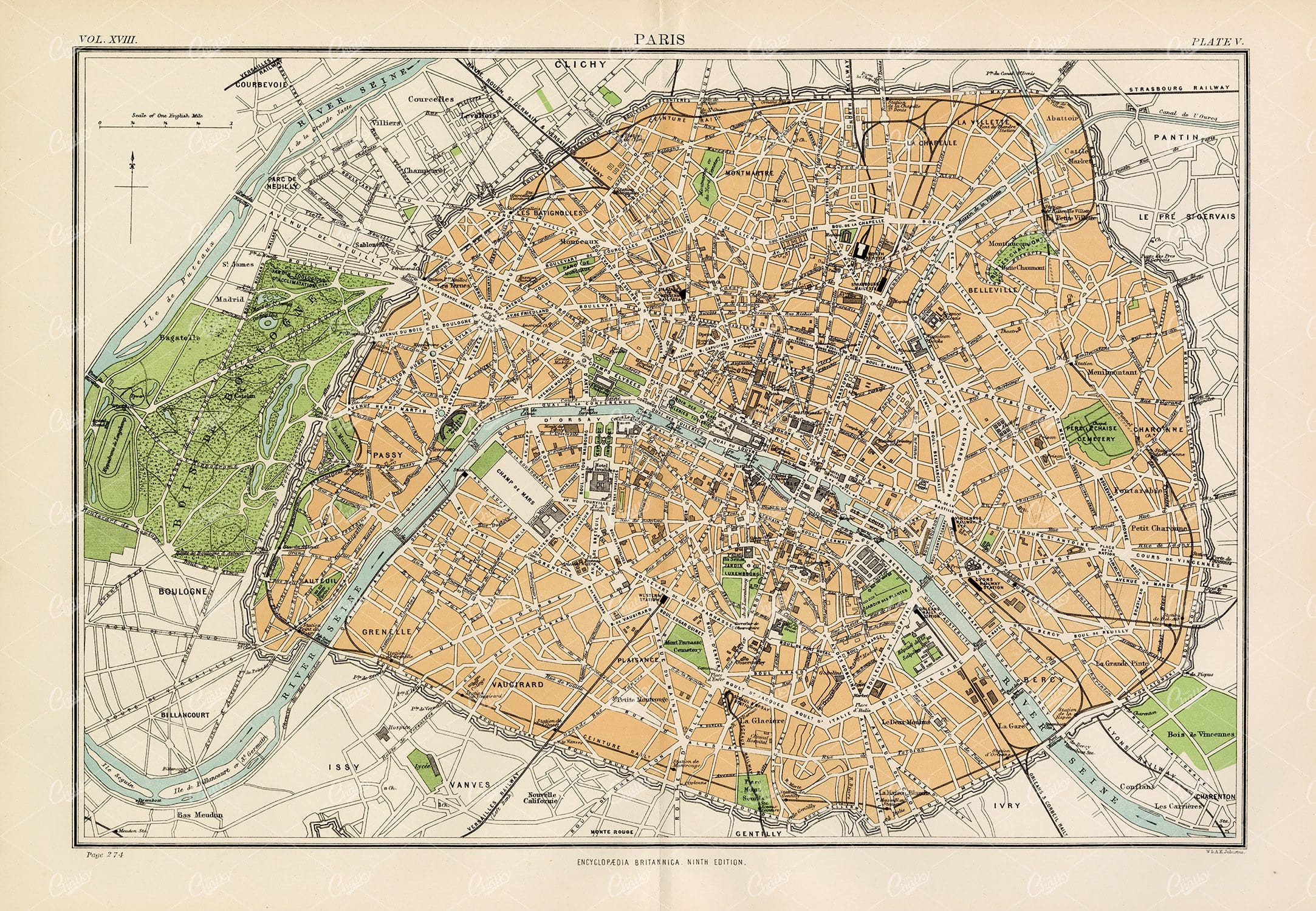 Encyclopedia Britannica 1880 - Vintage Map of Paris