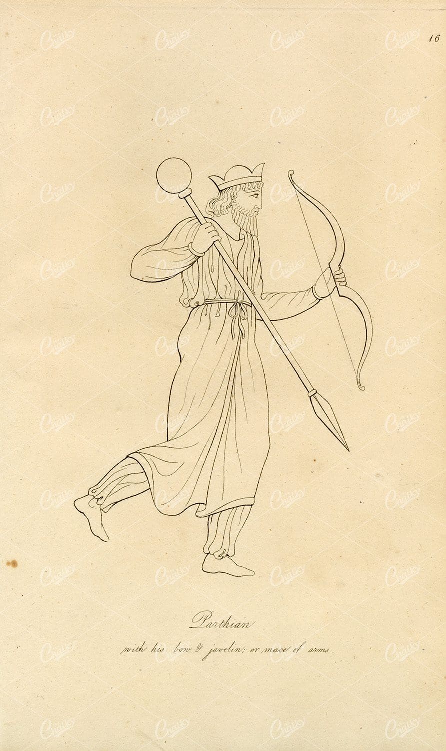 ANTIQUE Ancient Costume Print - Parthian With Bow and Mace of Arms