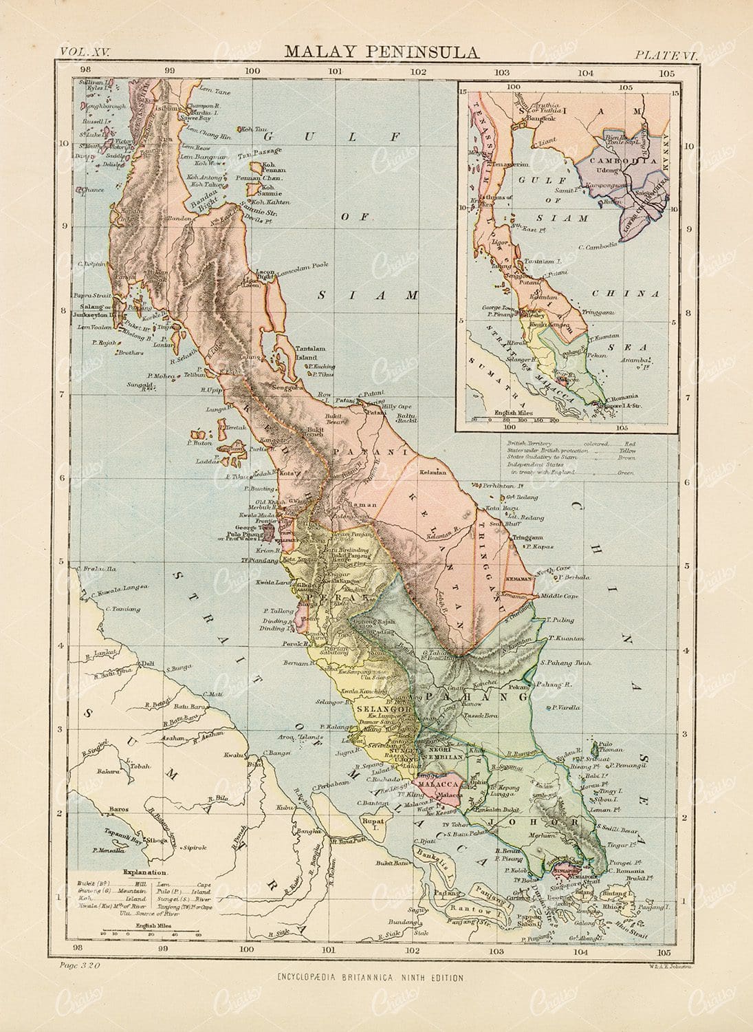 Vintage Map of Malay Peninsula - Encyclopedia Britannica