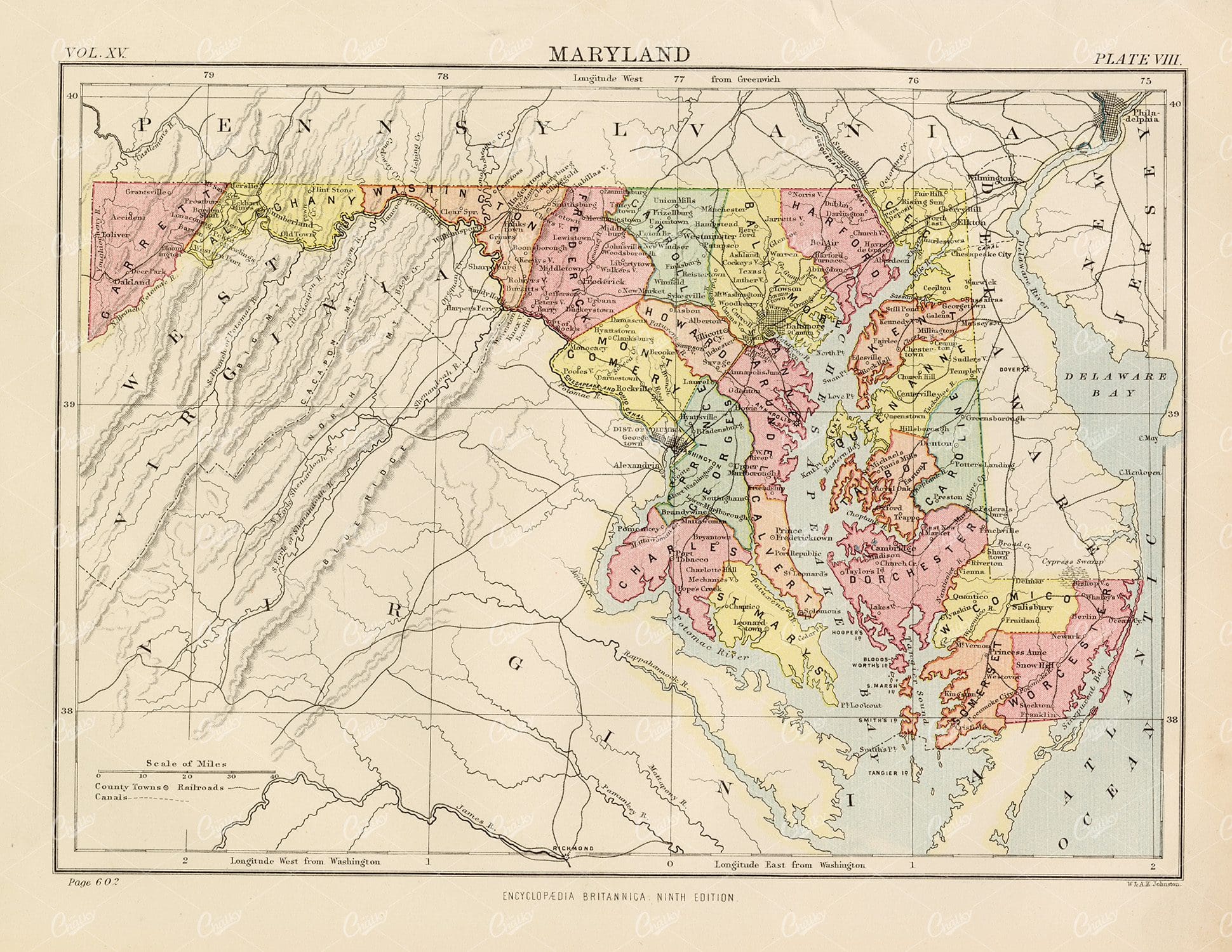 Antique Map of Maryland  - 1880 Encyclopedia Britannica