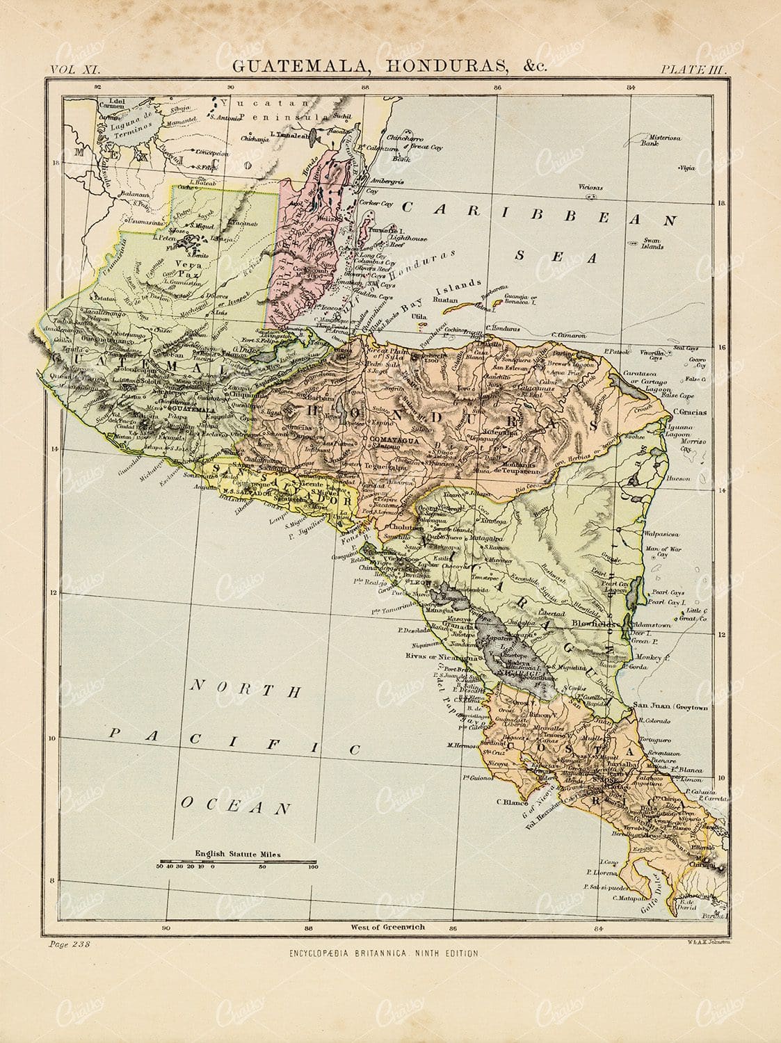 Vintage Map of Guatemala, Honduras - 1880