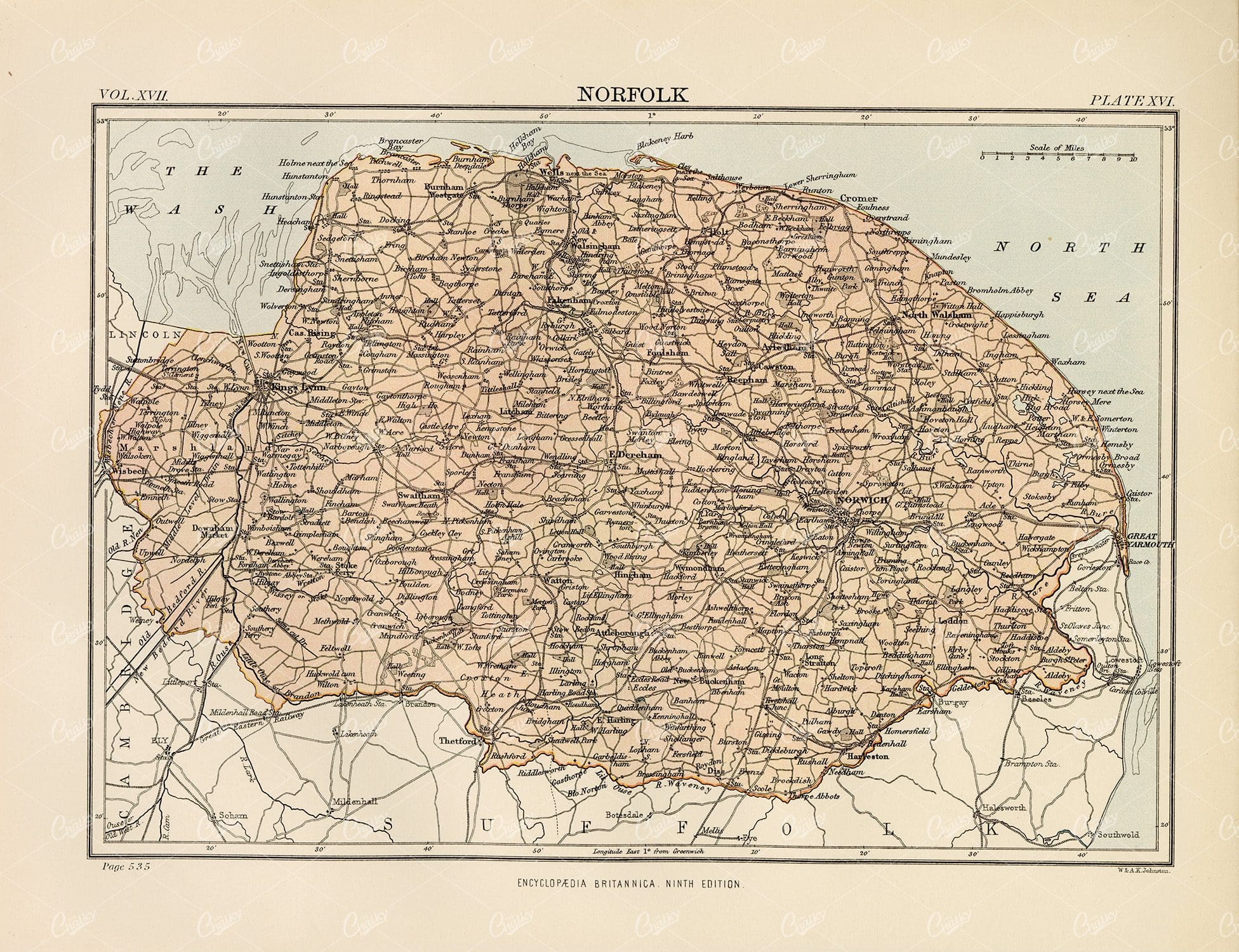 Vintage Map of Norfolk - 1880 Encyclopedia Britannica