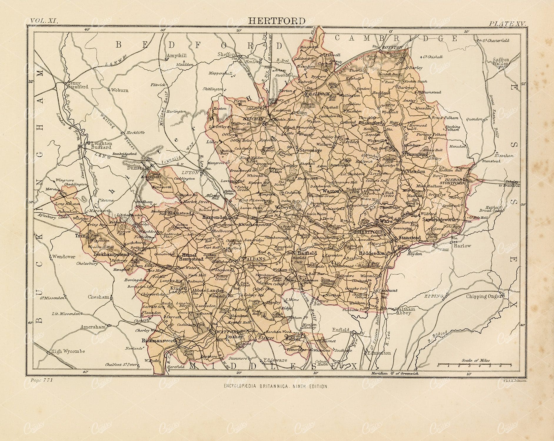 Vintage Map of Hertford - 1880 Encyclopedia Britannica