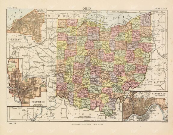 Vintage Coloured Map of Ohio - Encyclopedia Britannica 1880