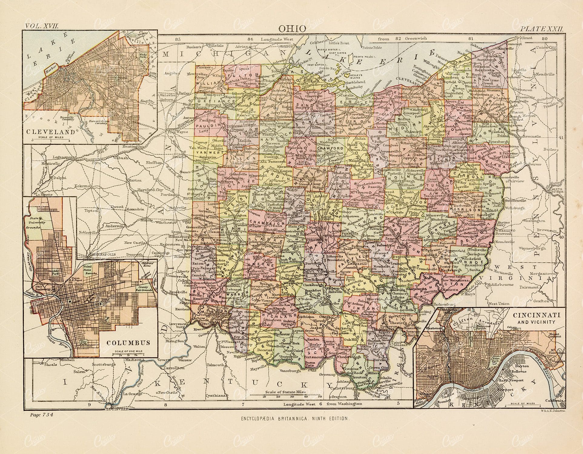 Vintage Coloured Map of Ohio - Encyclopedia Britannica 1880