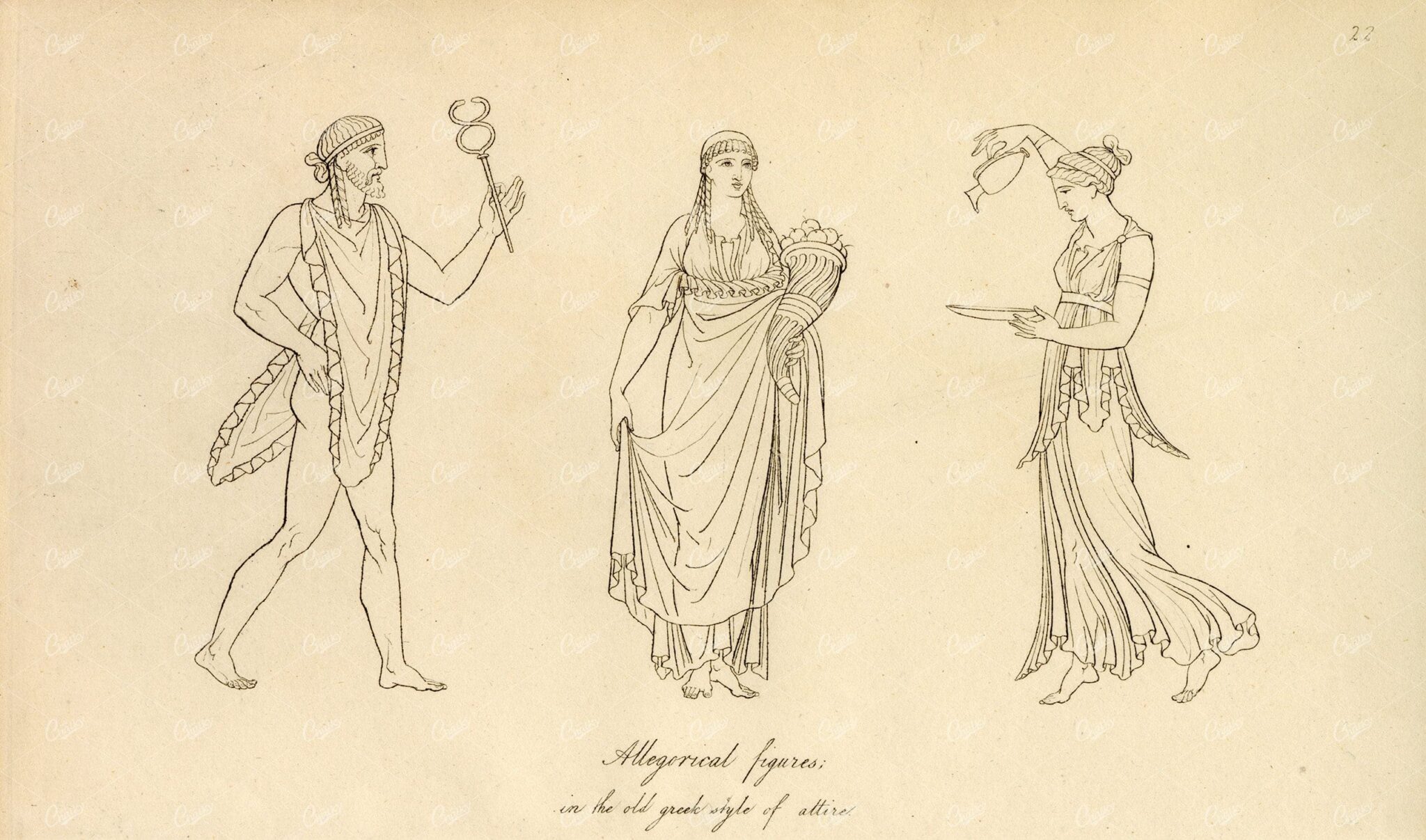 ANTIQUE Ancient Costume Print - Allegorical Figures in Old Greek Attire