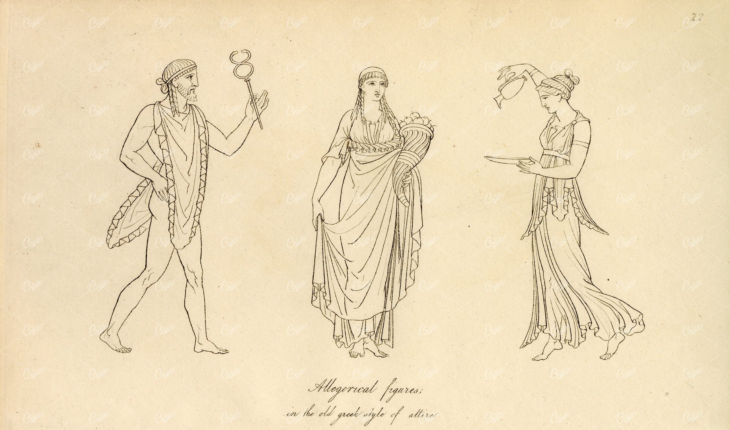 ANTIQUE Ancient Costume Print - Allegorical Figures in Old Greek Attire