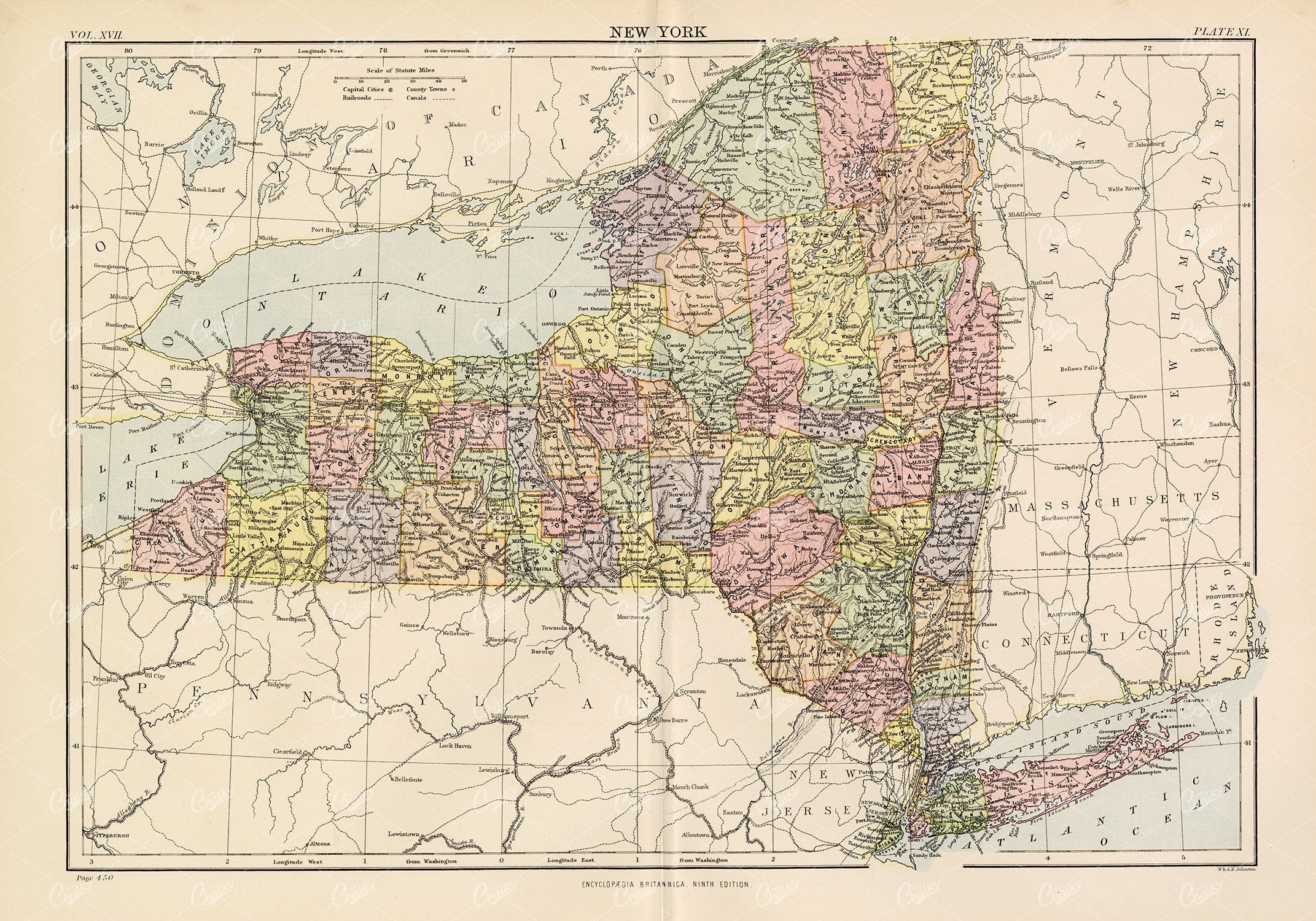 Vintage Map of New York - 1880 Encyclopedia Britannica