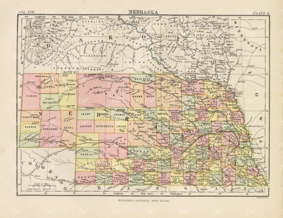 Vintage Map of Nebraska - Encyclopedia Britannica 1880