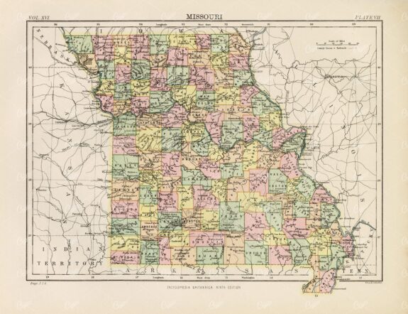 Antique Map of Missouri - Encyclopedia Britannica 1880