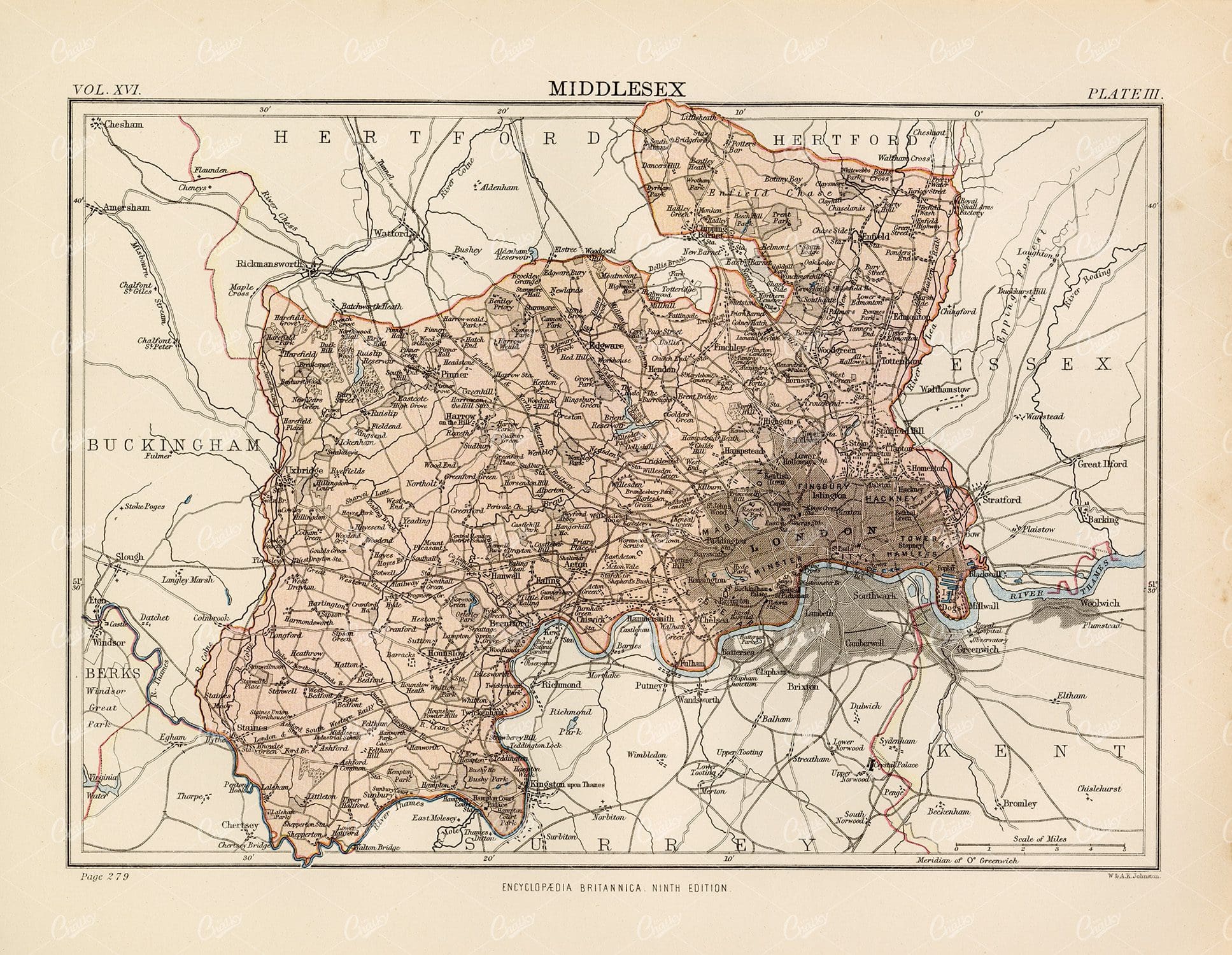 1880 Vintage Map of Middlesex - Encyclopedia Britannica