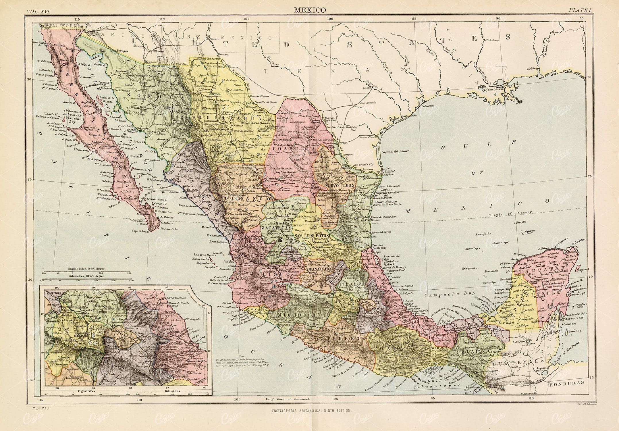 Antique 1880 Print - Vintage Map of Mexico