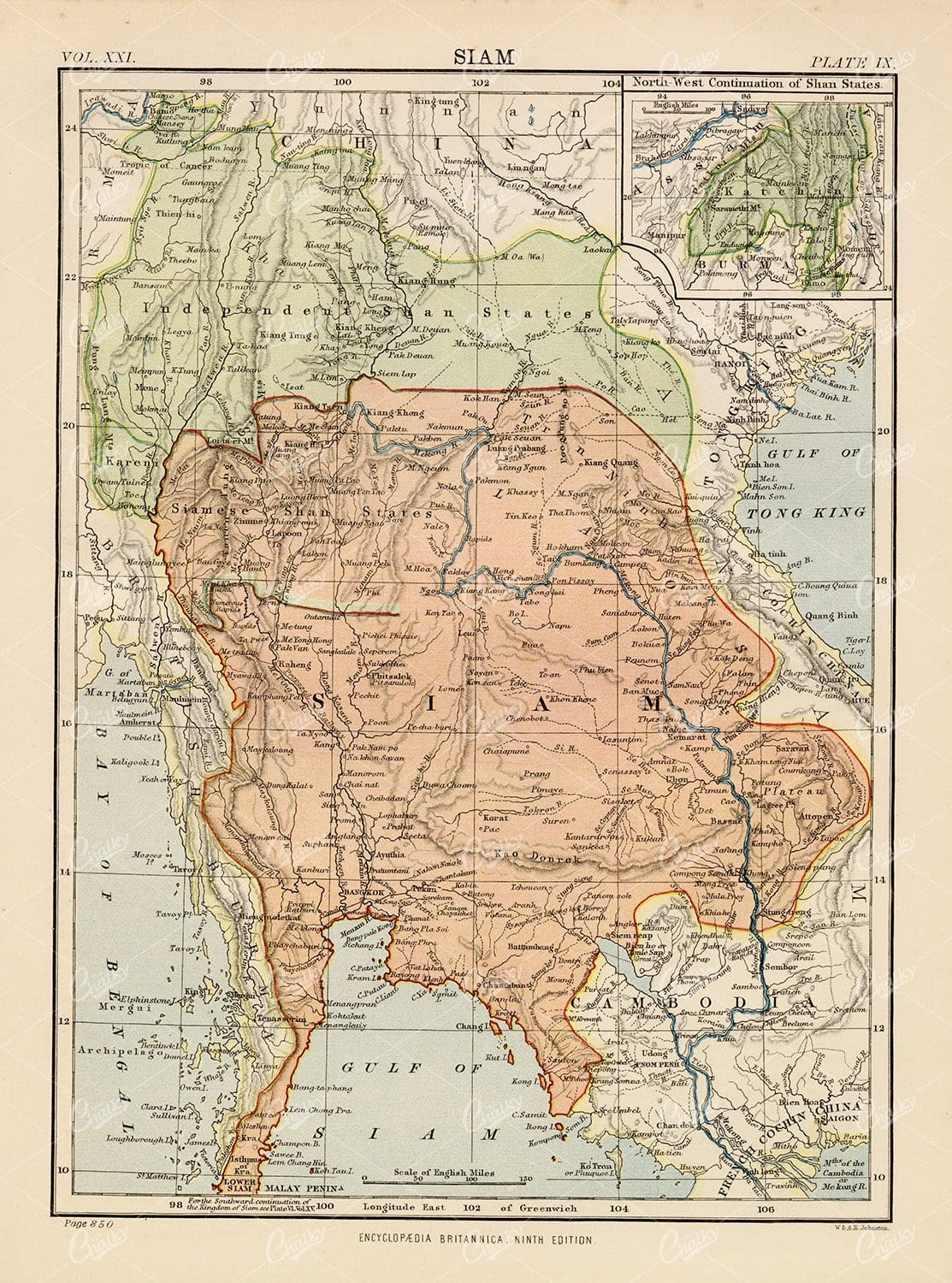 Antique Map of Siam - 1880 Encyclopedia Britannica