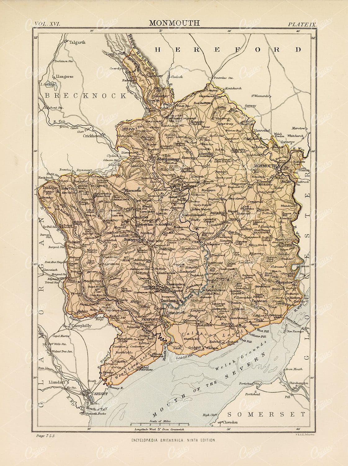 Vintage Map of Monmouth - Encyclopedia Britannica 1880