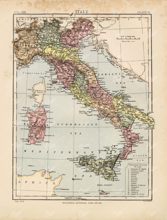 Vintage Map of Italy - Encyclopedia Britannica 1880