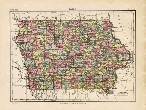 Vintage Print 1880 - Antique Map of Iowa