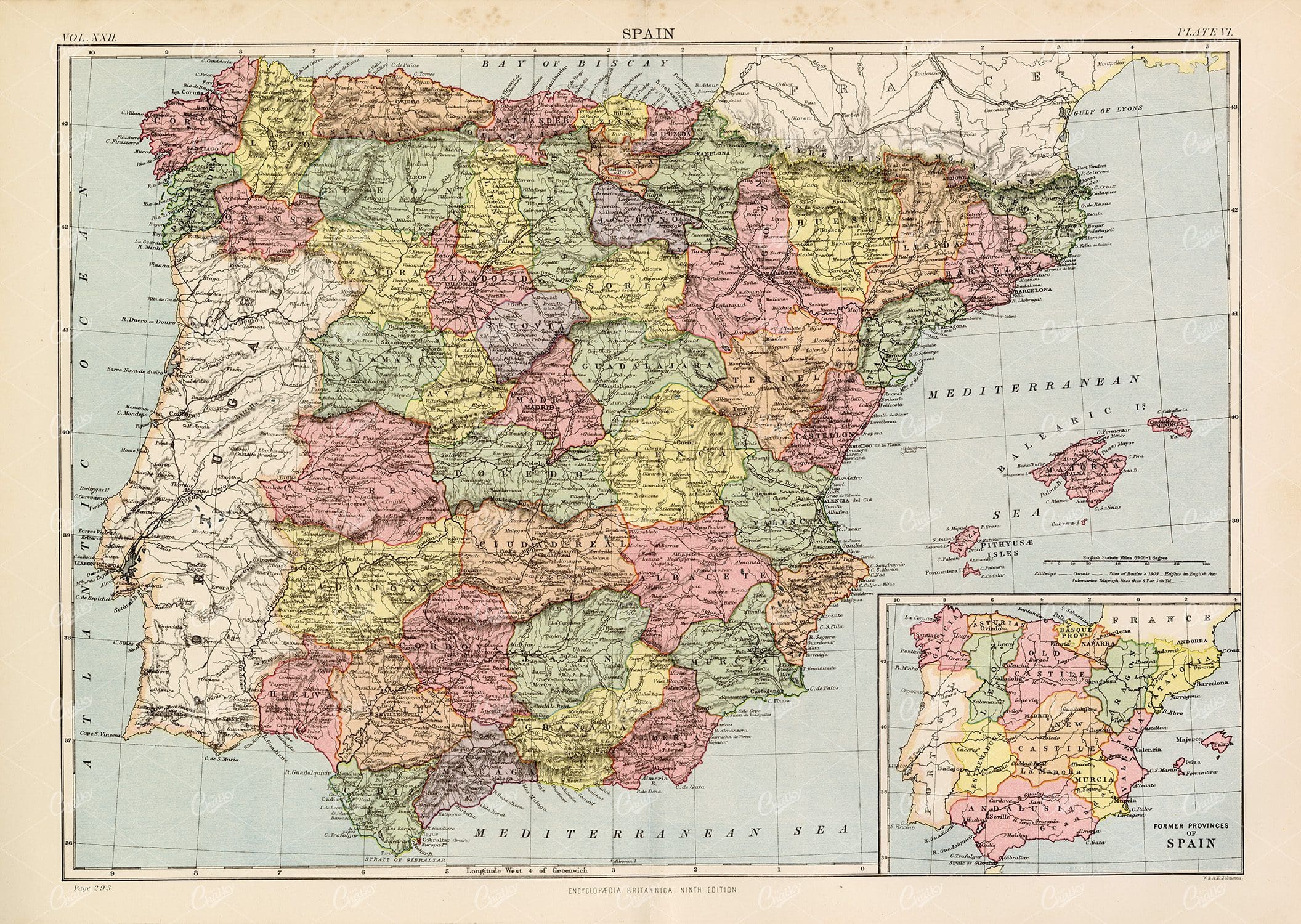 Vintage Map of Spain - Encyclopedia Britannica 1880