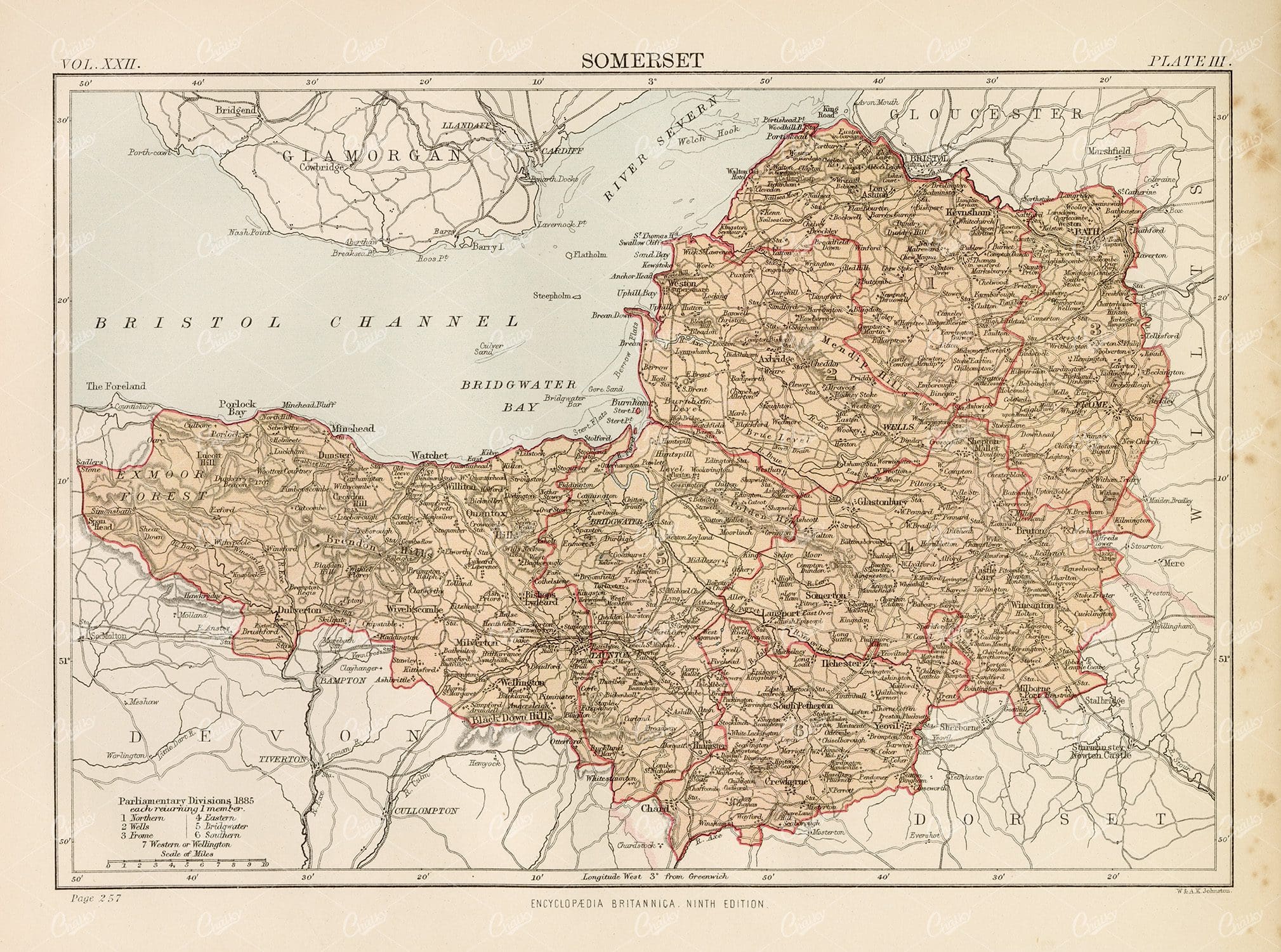 Antique Map of Somerset - Encyclopedia Britannica 1880