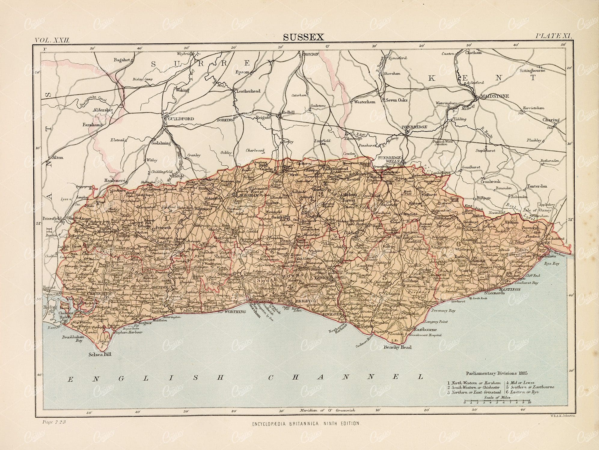 Encyclopedia Britannica 1880 - Vintage Map of Sussex