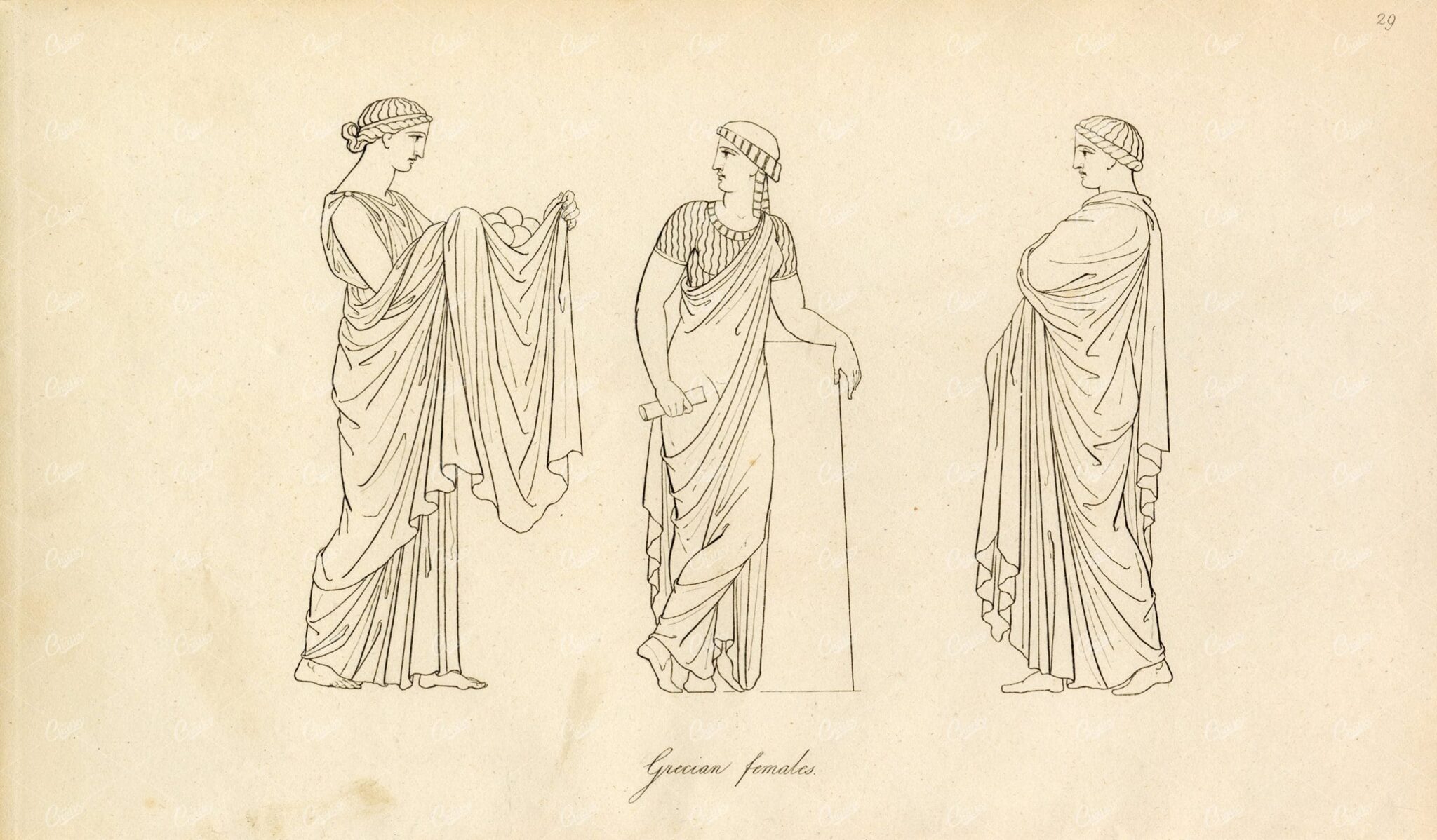 ANTIQUE Ancient Costume Print - Trio of Grecian Females in Robes
