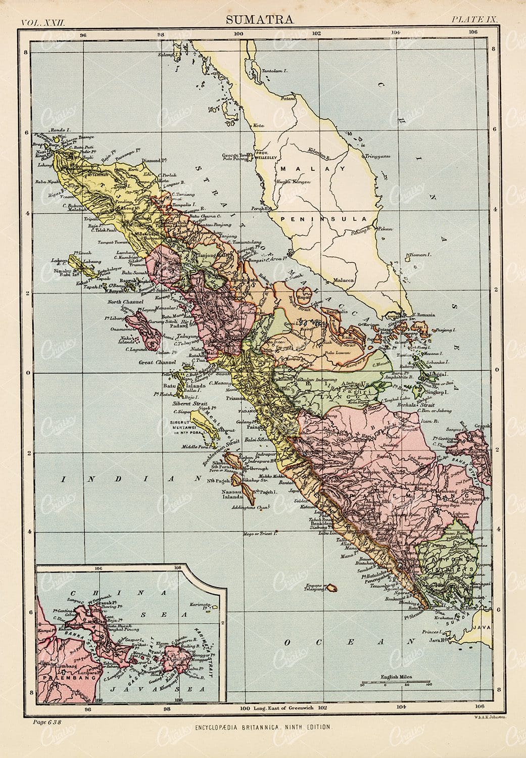 Antique Map of Sumatra - Encyclopedia Britannica 1880