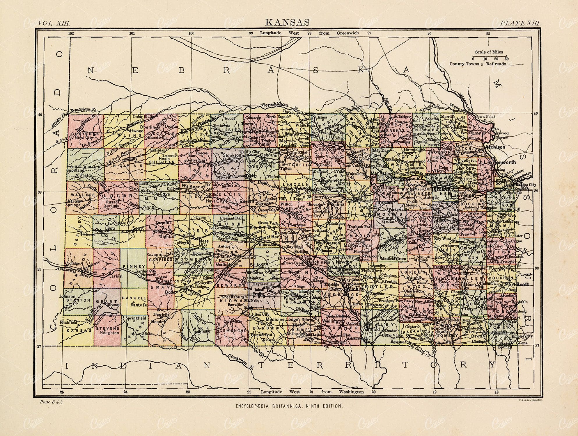 Encyclopedia Britannica 1880 - Antique Map of Kansas