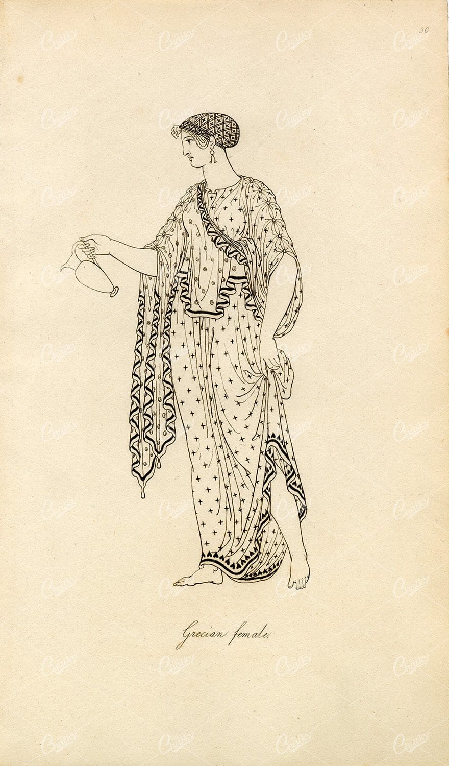 ANTIQUE Ancient Costume Print - Grecian Female in Decorative Robe