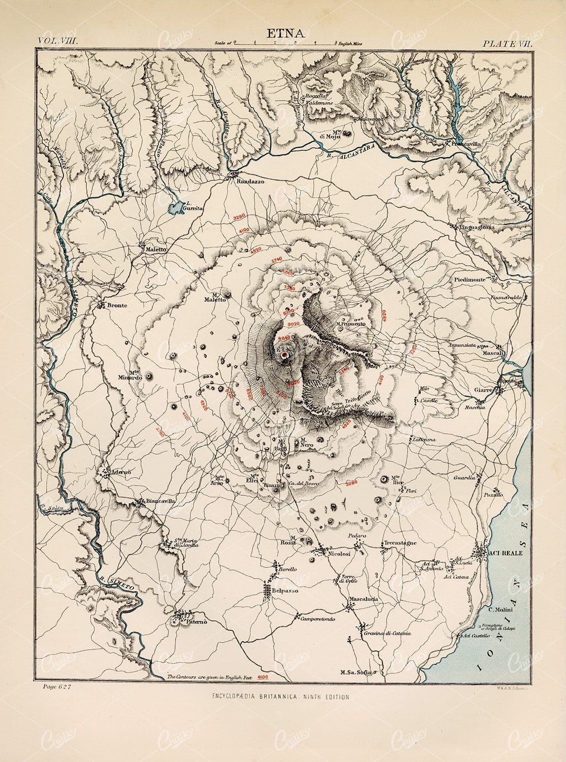 1880 Vintage Map of Etna - Encyclopedia Britannica