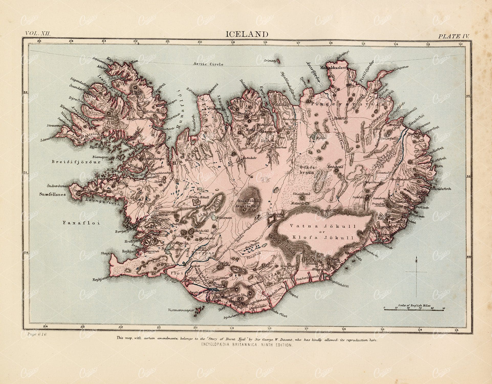Encyclopedia Britannica 1880 - Vintage Map of Iceland