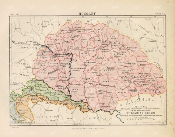 Vintage map of Hungary - Encyclopedia Britannica 1880