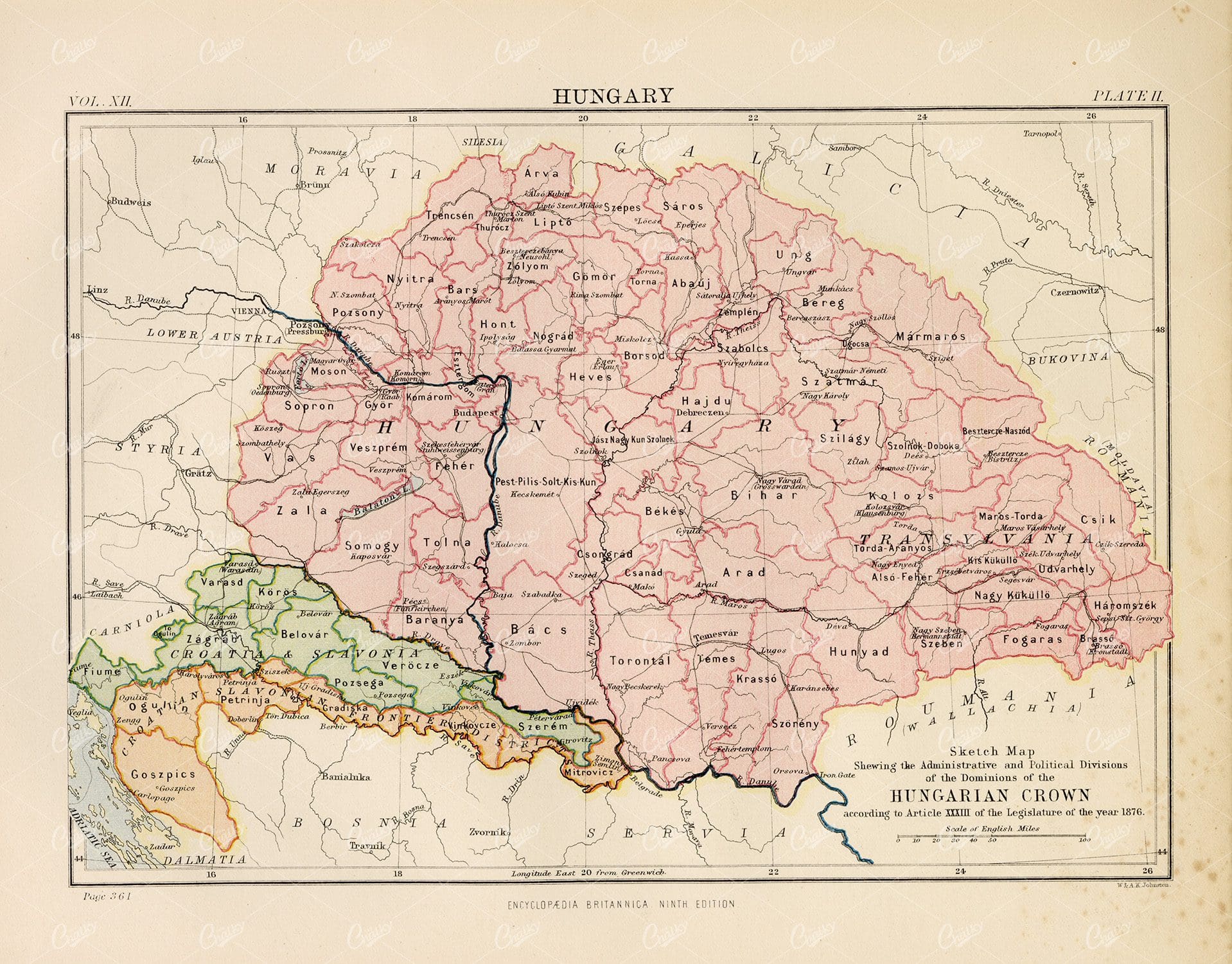 Vintage map of Hungary - Encyclopedia Britannica 1880