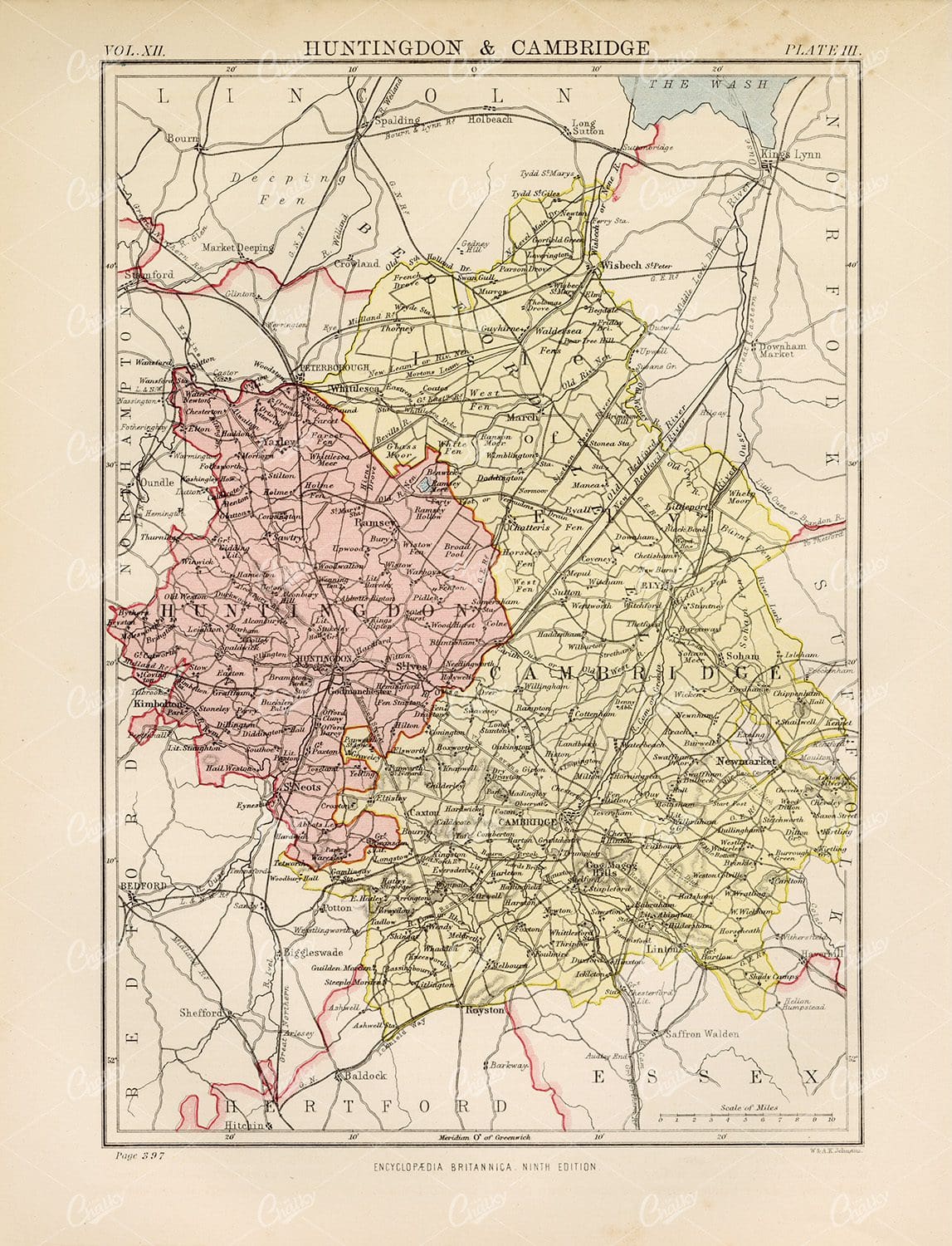 Huntingdon & Cambridge Vintage Map 1880